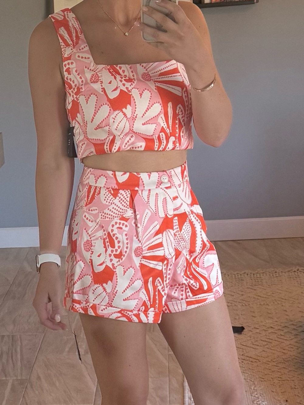 Women's Pink & Coral Printed High-Waist Shorts and Matching Top